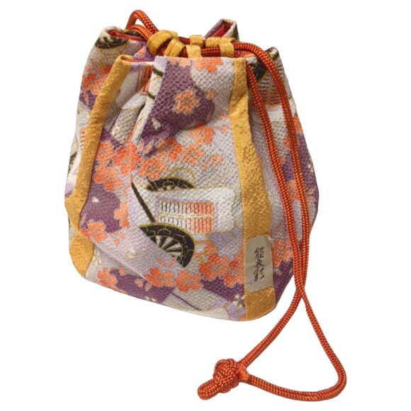 6.5" Asian Orange Brown Bag Hong Kong Purse Drawstring Cart Flower Estate Sale - Picture 1 of 8
